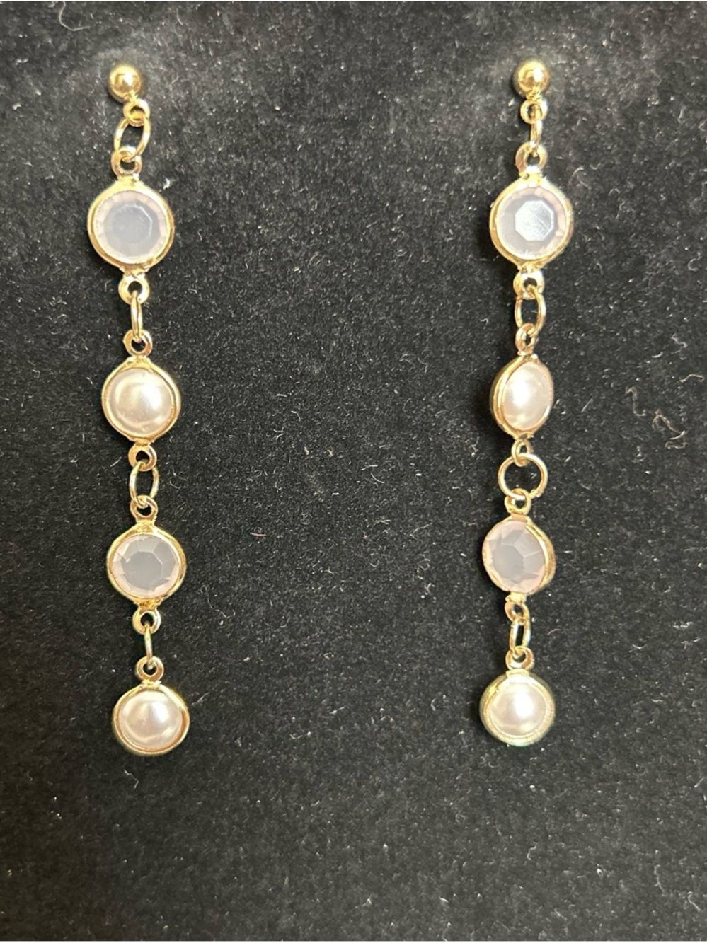 Gold color Drop Earrings with faux Pearl and clear stones Accents